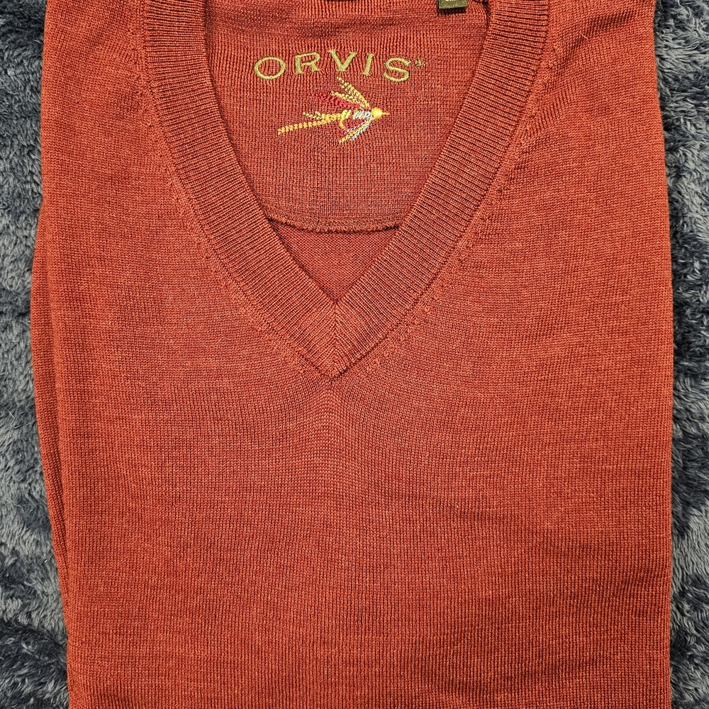 New Orvis Men's Red V-Neck Sweater, Business Casual, 100% Merino, XL